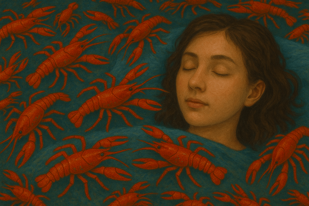 꿈속에서 가재 무리가 함께 움직이는 상징적인 장면