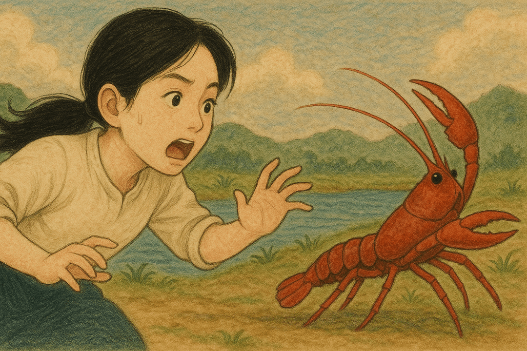 가재가 사람 손에서 도망가는 상징적인 장면