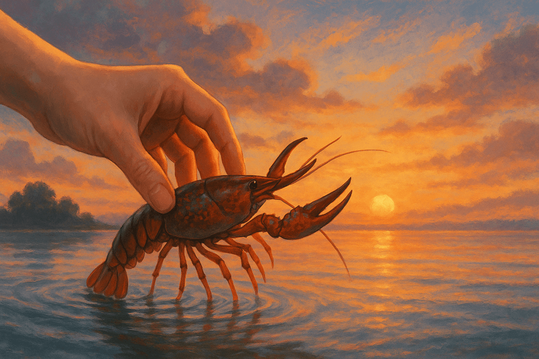 사람이 가재를 자유롭게 풀어주는 상징적인 장면