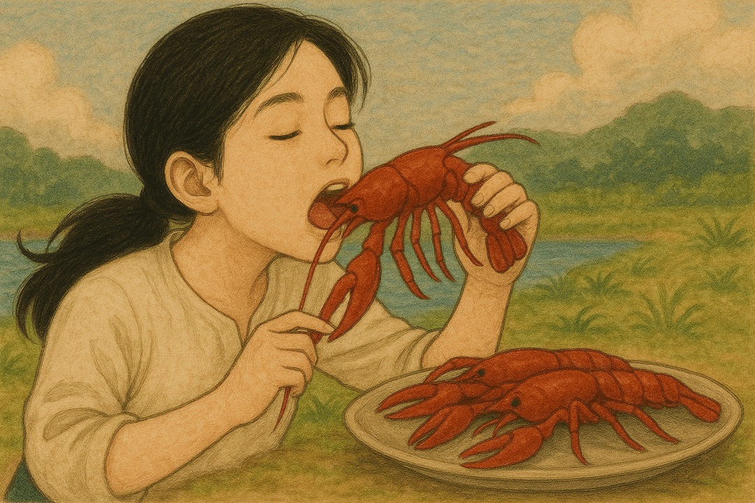 사람이 가재를 요리해 먹는 상징적인 장면