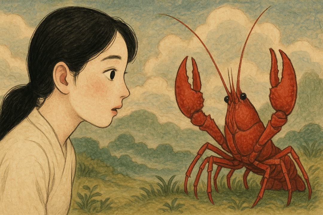 물속에서 가재를 바라보는 상징적인 모습