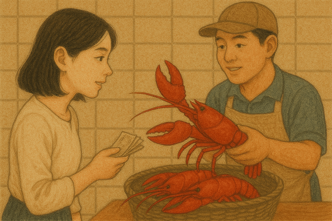 시장에서 가재를 사고파는 상징적인 장면