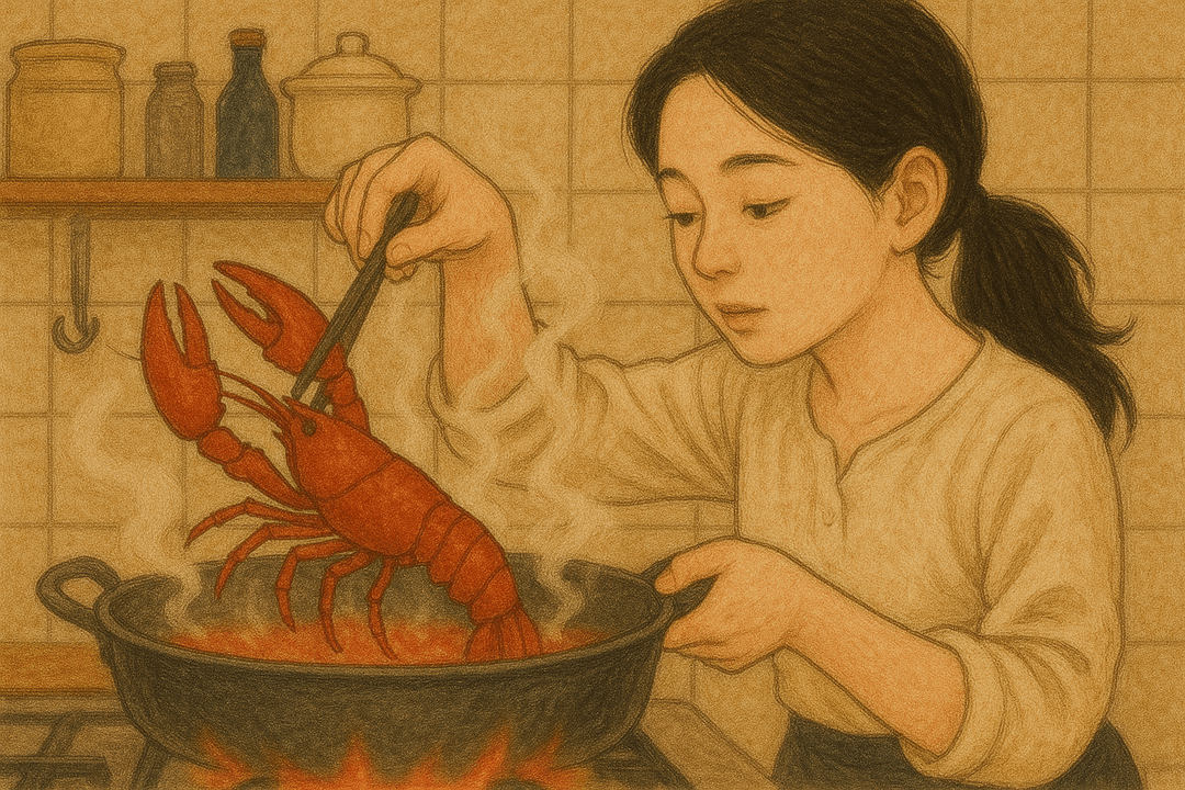 사람이 가재를 손질하고 요리하는 상징적인 장면