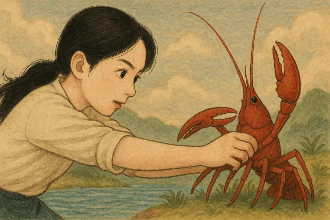 사람이 손으로 가재를 잡고 있는 상징적인 장면