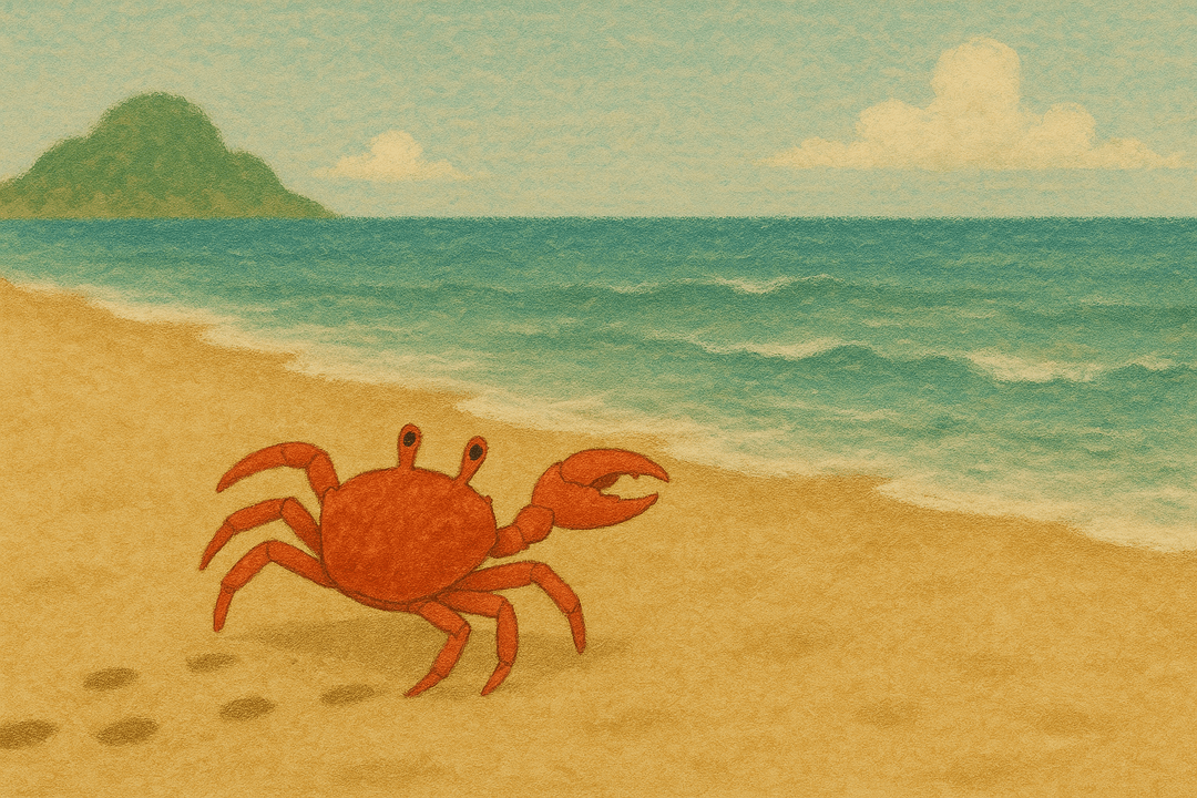 사람 앞에서 게가 빠르게 도망가는 상징적인 장면