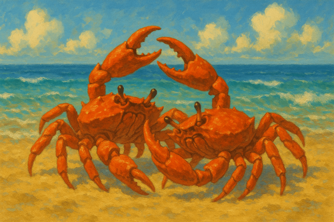 두 마리 게가 집게발로 서로 싸우는 장면을 상징적으로 표현한 이미지