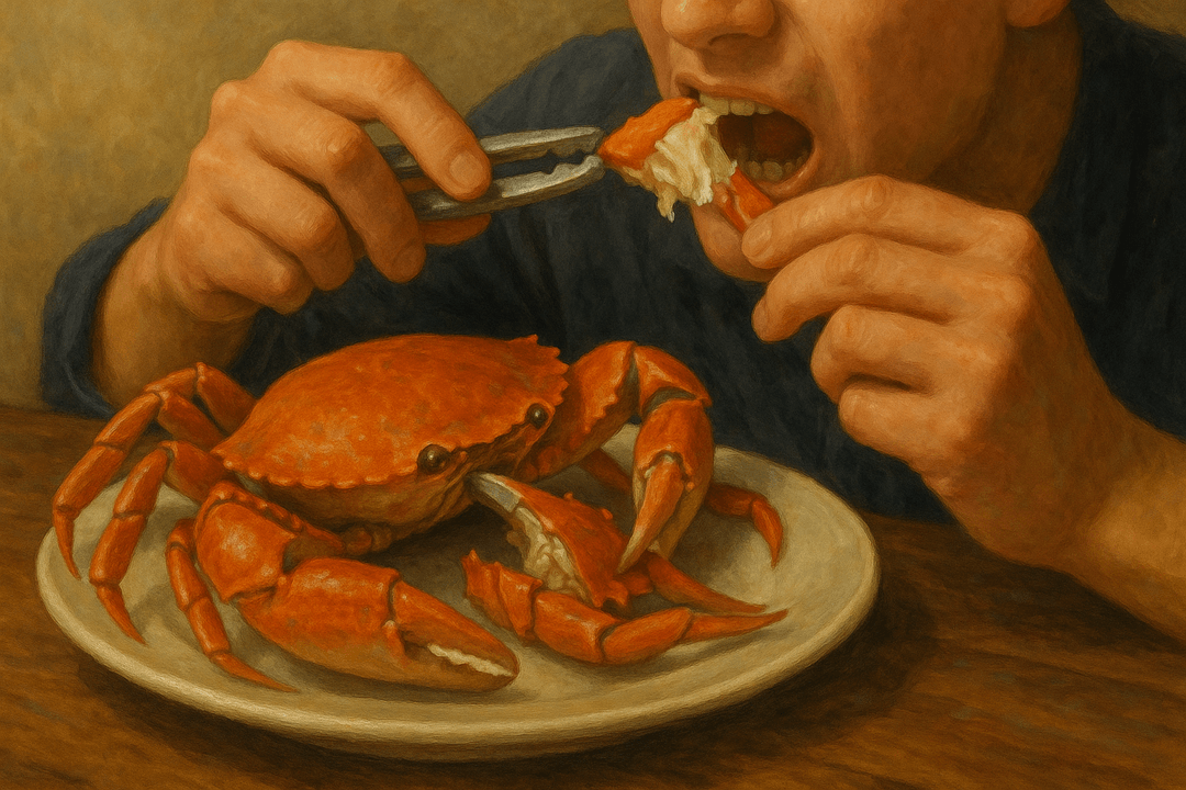 게를 먹으며 풍요와 성취를 상징하는 장면