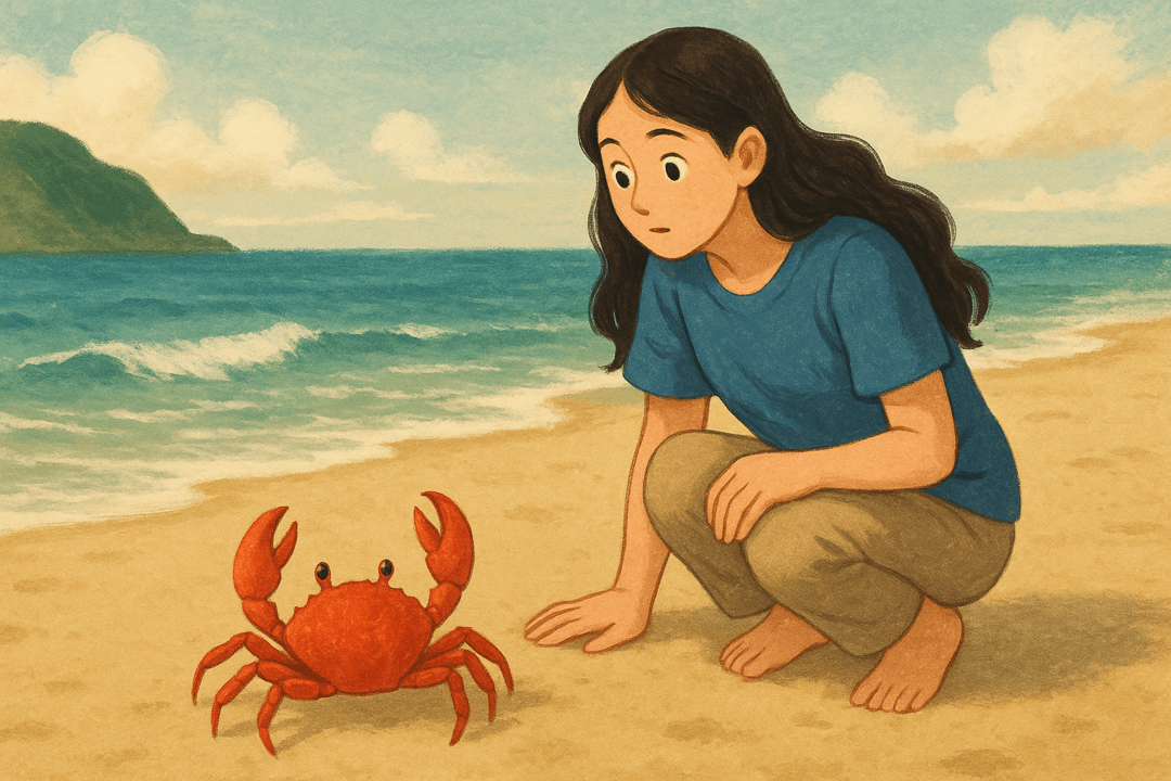 바닷가에서 게를 보는 상징적인 장면