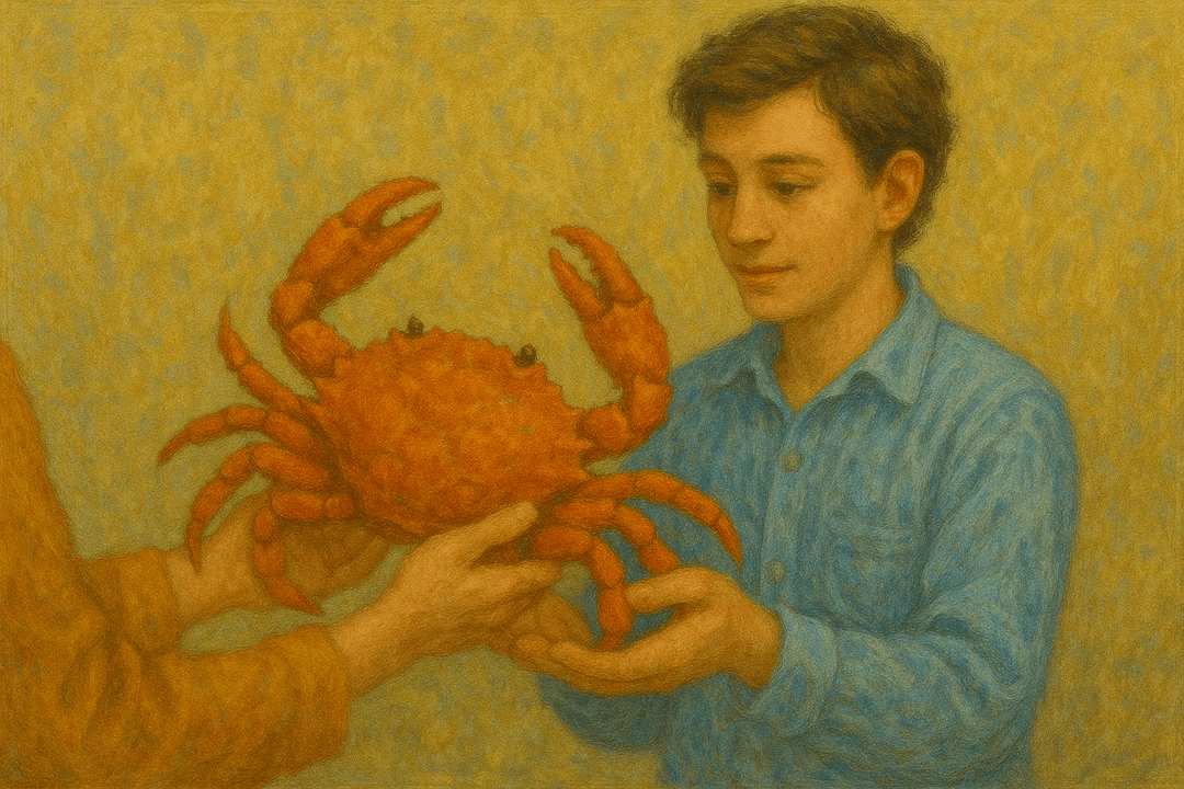 누군가로부터 선물로 게를 받는 상징적인 장면