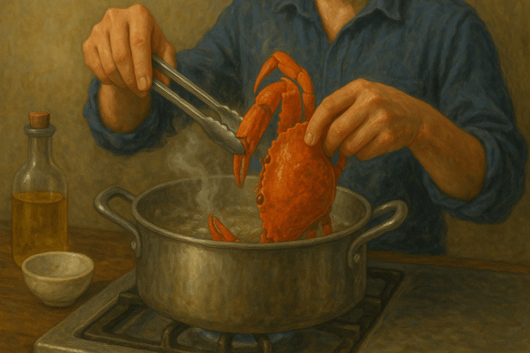 주방에서 게를 손질하고 조리하는 상징적인 장면