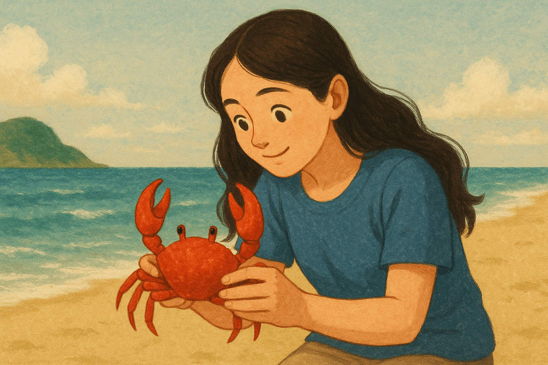 사람이 게를 손으로 잡는 상징적인 장면