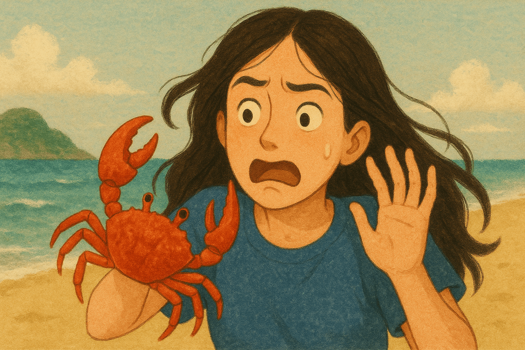 게의 집게발에 손가락이 집히는 상징적인 장면