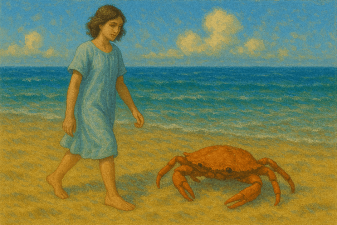 사람과 게가 나란히 길을 걷는 상징적인 장면