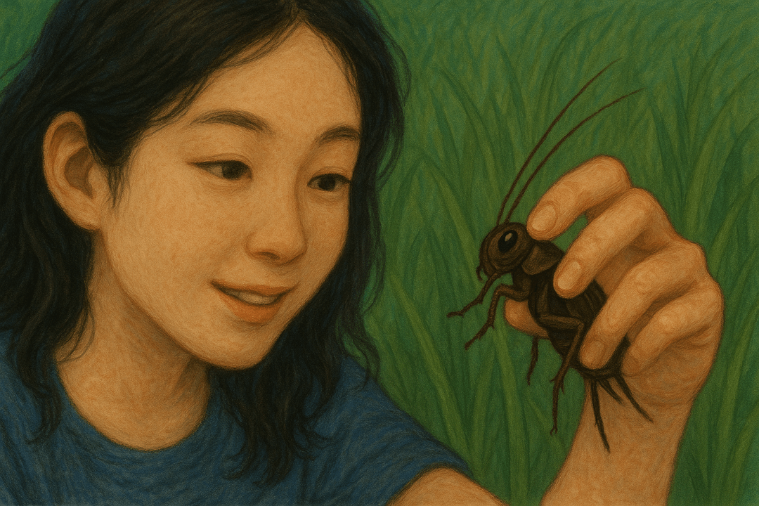 사람이 귀뚜라미를 잡는 상징적인 모습