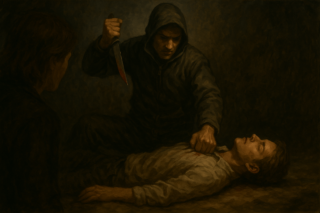 다른 사람이 누군가를 죽이는 장면을 멀리서 목격하며 변화와 단절을 인식하는 상태를 상징하는 이미지