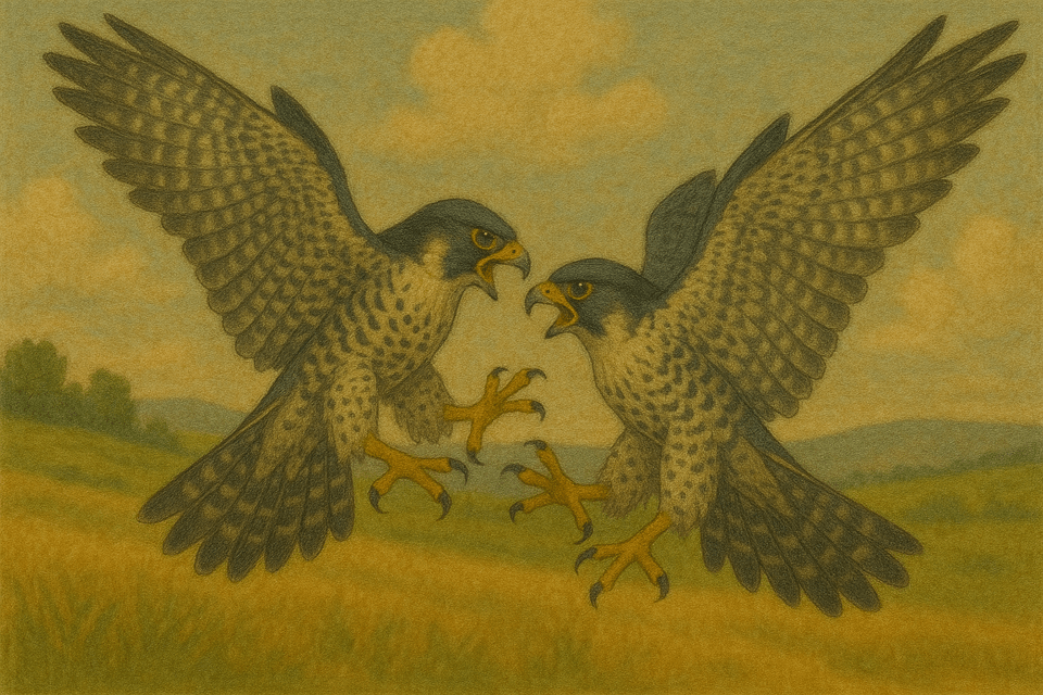 하늘에서 날개를 펼치며 대치하는 매의 역동적 장면