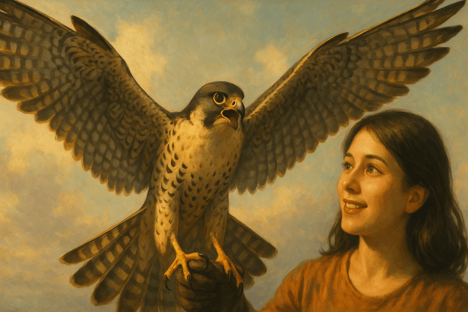 하늘을 향해 웅장하게 날개를 펼치는 매의 상징적인 장면