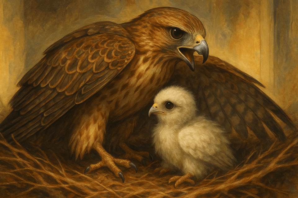 둥지에서 날개를 펼쳐 새끼를 지키는 매의 보호적인 모습
