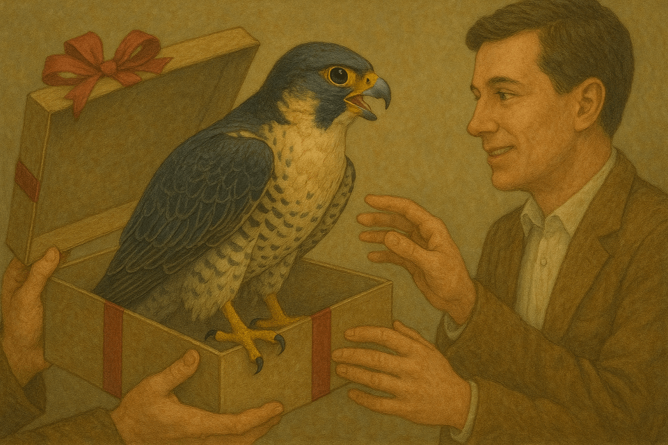 사람이 매를 선물 받는 상징적인 장면