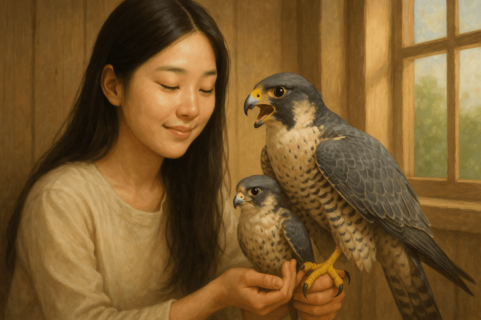 사람이 매를 키우며 돌보는 상징적인 모습