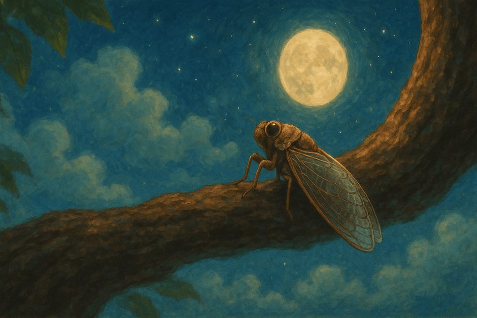 나무 가지에 매달려 있는 매미의 상징적인 모습