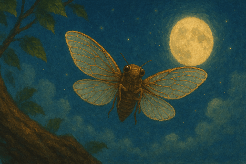 나무에서 날개를 펼치고 있는 매미의 상징적인 모습