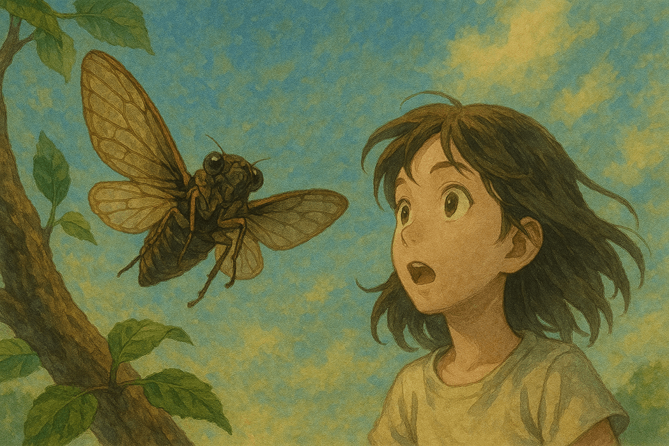 푸른 하늘로 날아오르는 매미의 모습