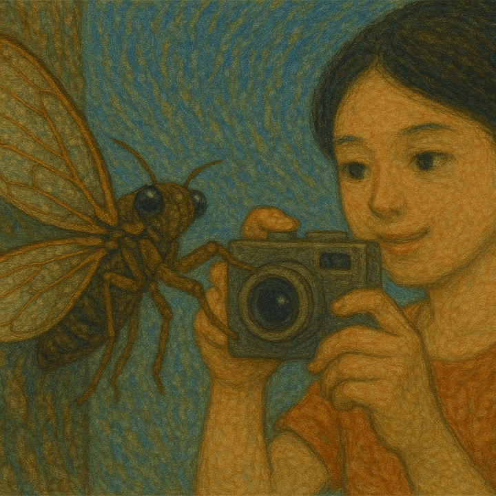 사람이 매미와 함께 사진을 찍는 상징적인 장면