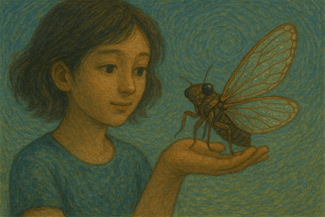 사람과 함께 나무에 앉아 있는 매미의 상징적인 모습