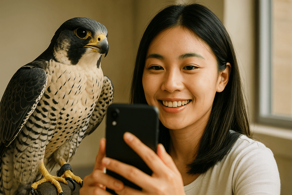 매와 함께 사진을 찍는 사람의 상징적인 장면