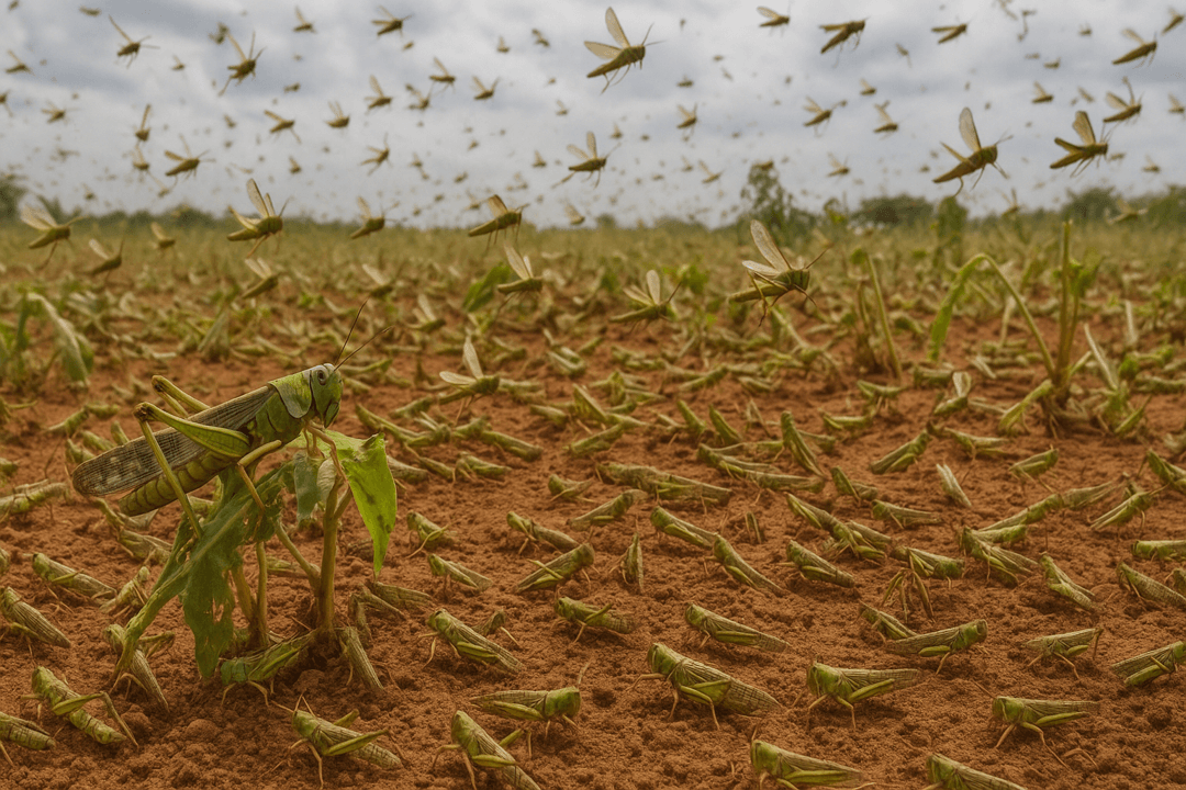 밭을 메뚜기 떼가 집단으로 훼손하는 상징적인 모습