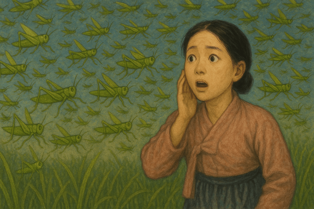 하늘과 땅을 뒤덮은 메뚜기 떼의 상징적인 모습