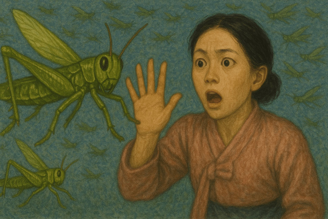사람을 향해 날아오는 메뚜기의 상징적인 모습