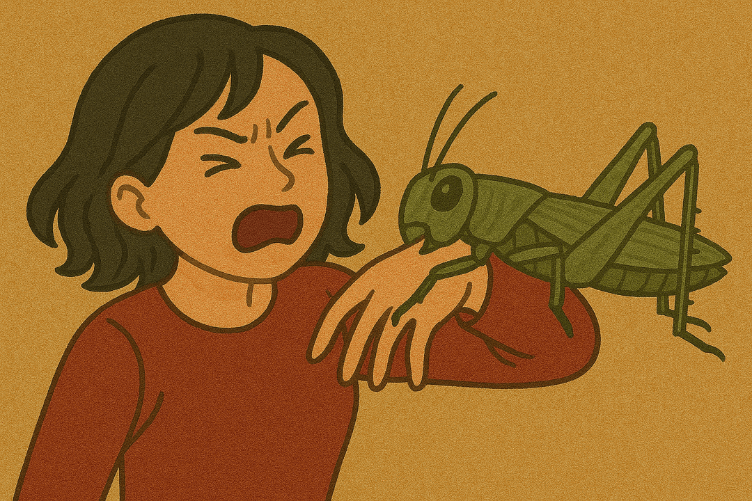사람의 손이나 팔을 메뚜기가 물어뜯는 상징적인 모습