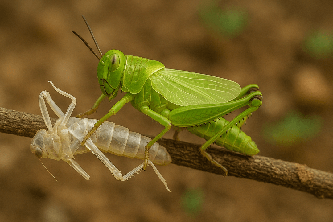 메뚜기가 허물을 벗고 새로운 모습으로 변하는 상징적인 장면