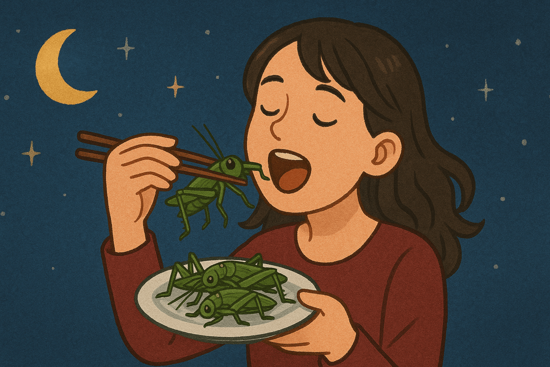 사람이 메뚜기를 식사처럼 먹는 상징적인 모습