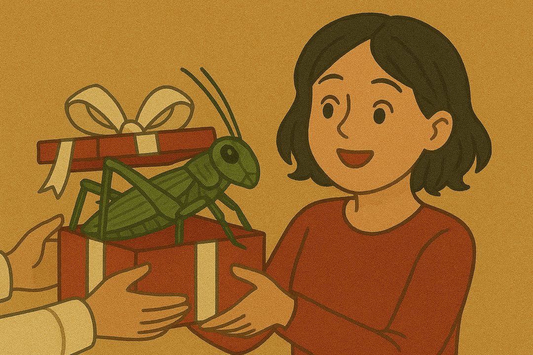 누군가가 메뚜기를 선물로 건네는 상징적인 모습
