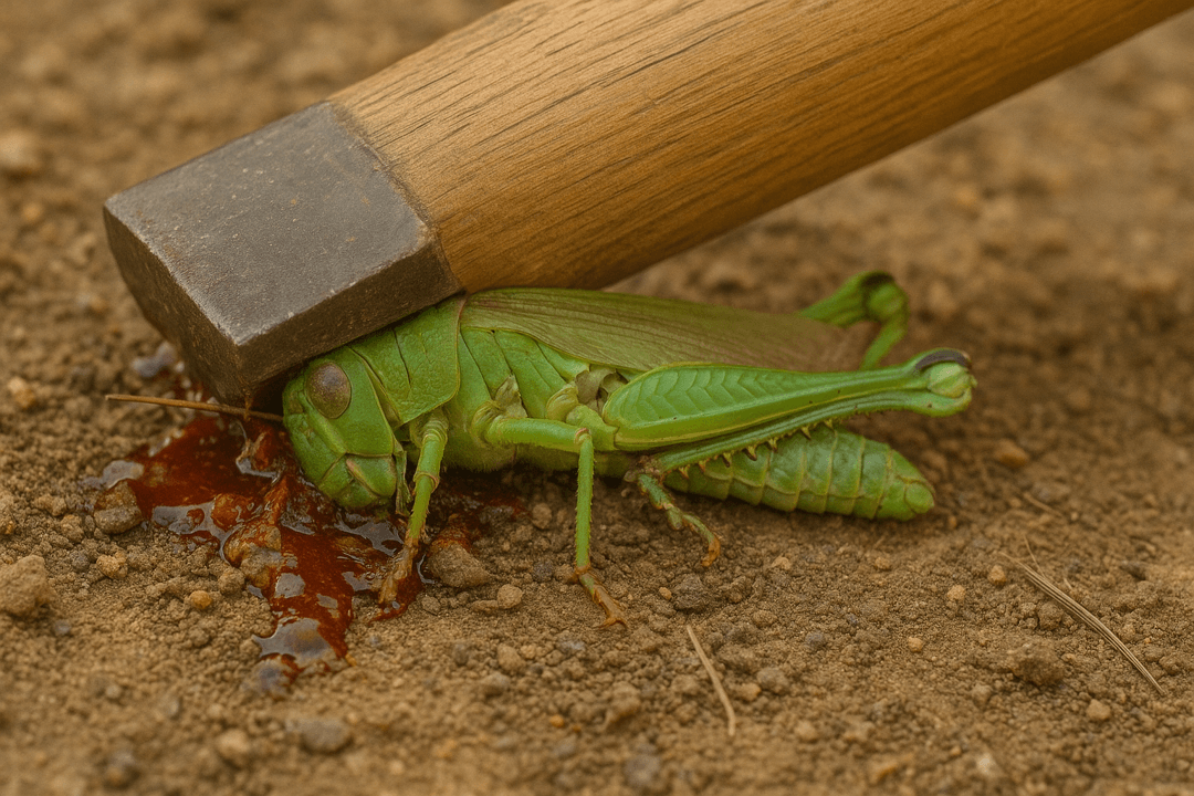 손이나 도구로 메뚜기를 제거하는 상징적인 장면