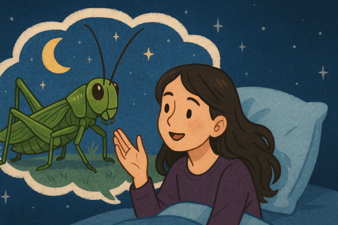 사람과 메뚜기가 마주 보며 대화하는 상징적인 모습