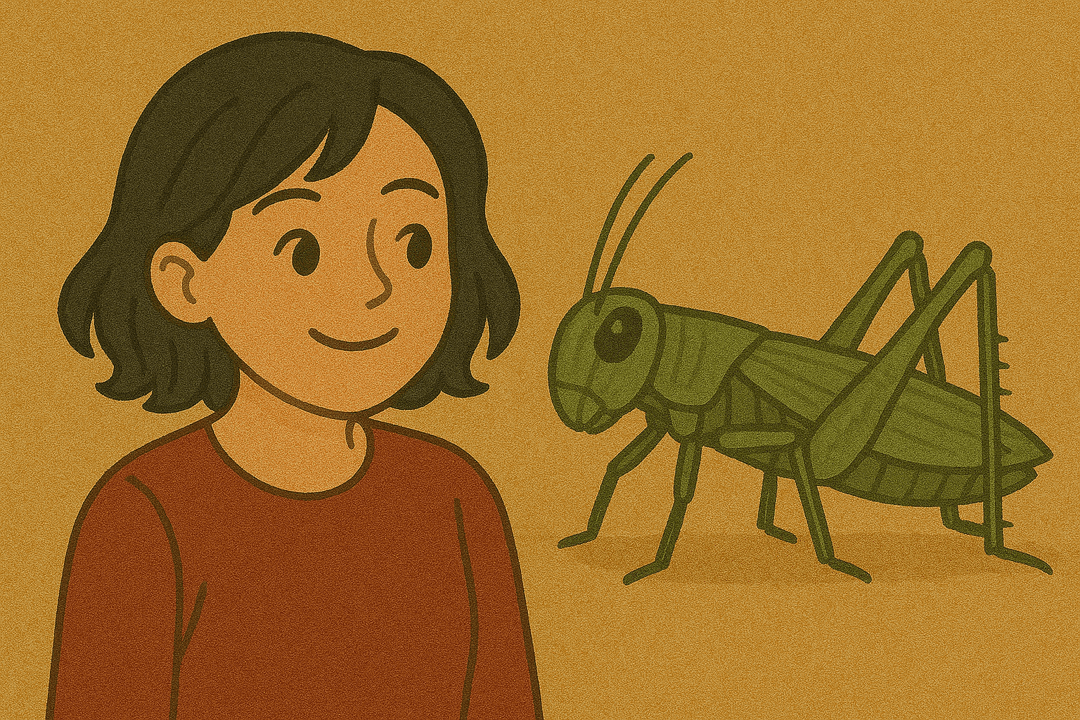 사람 곁에 함께 있는 메뚜기의 상징적인 모습