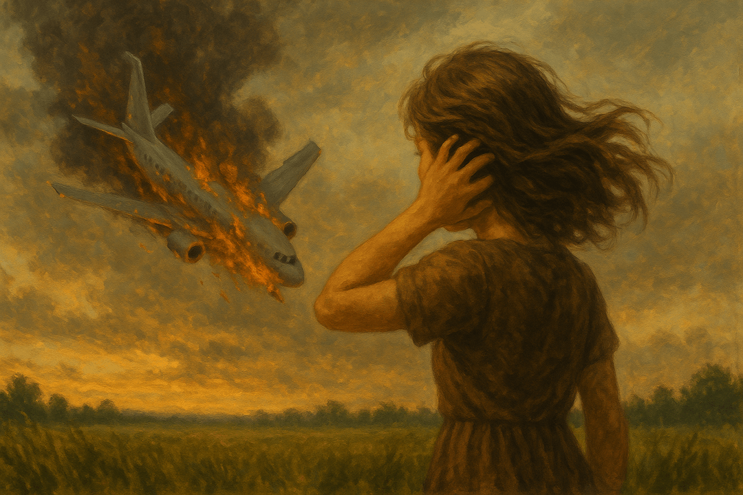 멀리서 비행기 추락 장면을 목격하며 충격과 변화의 전환점을 상징하는 이미지