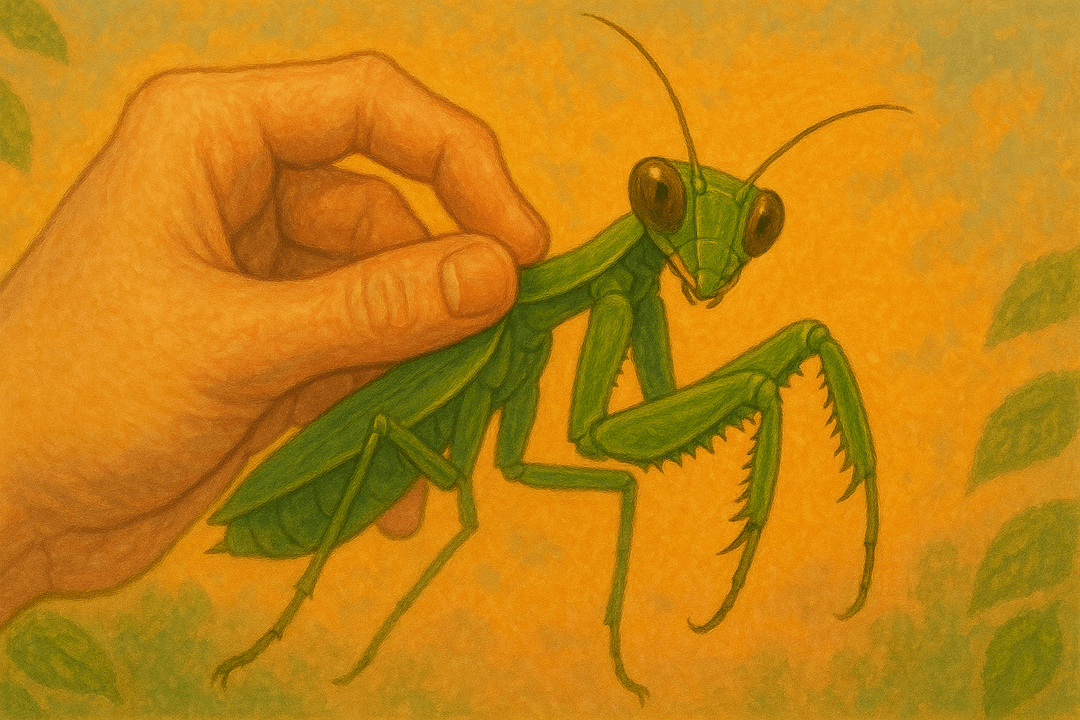 사마귀를 손으로 잡는 상징적인 장면