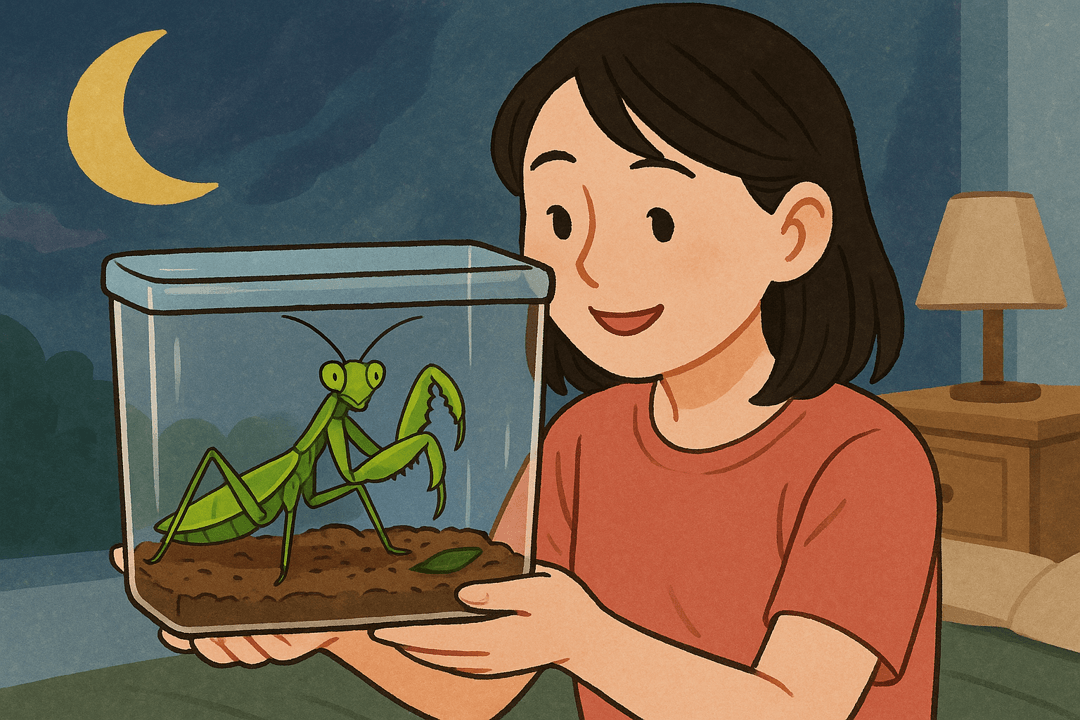 사마귀를 집에서 키우는 상징적인 장면