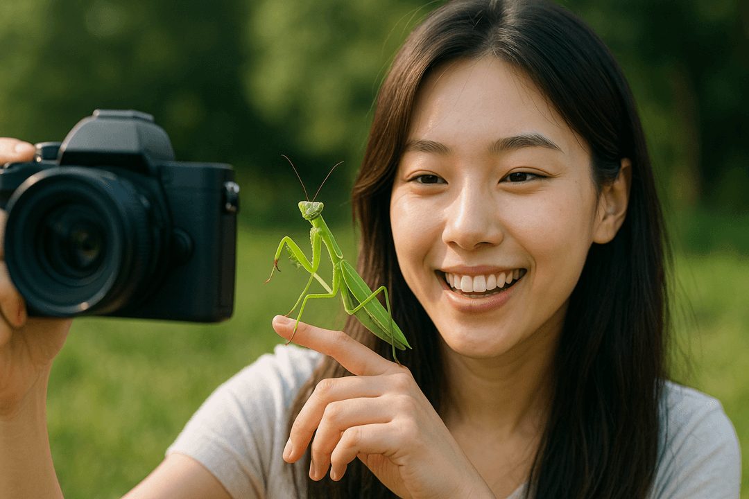 사람이 사마귀와 함께 사진을 찍는 상징적인 장면