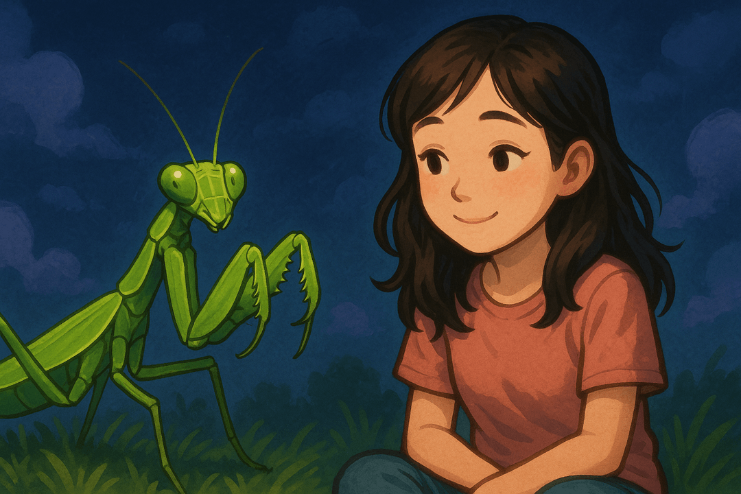 사람 곁에 있는 사마귀의 상징적인 장면