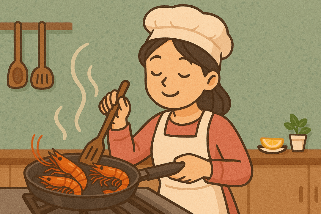 새우를 직접 요리하는 상징적인 꿈의 장면