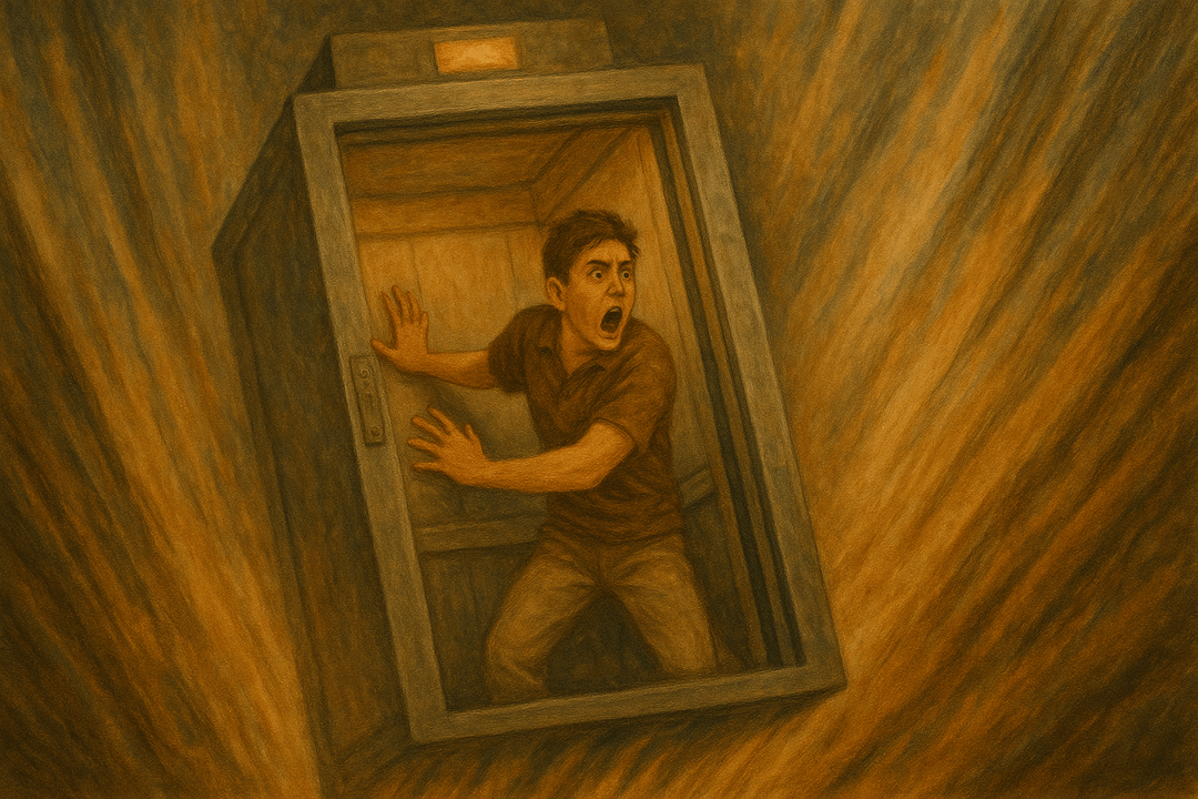 엘리베이터가 아래로 급격히 추락하며 불안과 통제력 상실, 방향 재점검을 상징하는 이미지