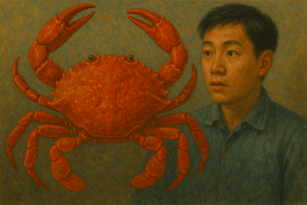 큰 게를 바라보는 장면을 상징적으로 표현한 이미지