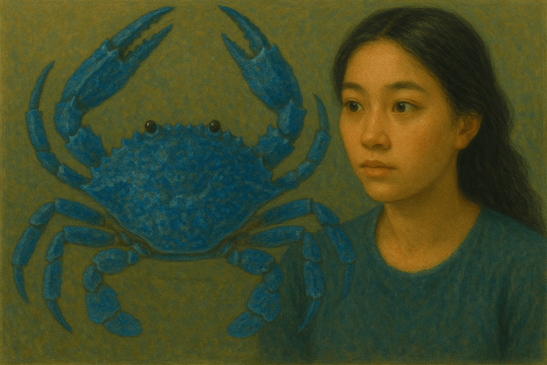 바닷가에서 파란 게가 걸어가는 상징적인 장면