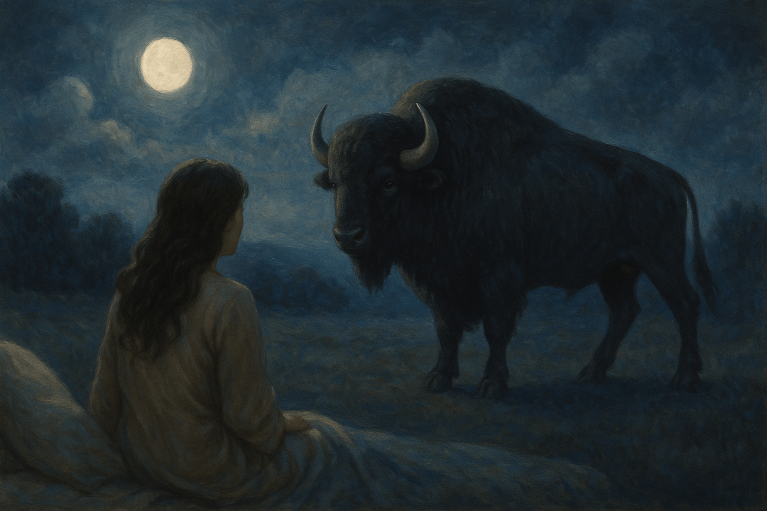 어둡고 강렬한 분위기의 초원 위에 선 검은 들소의 상징적 장면